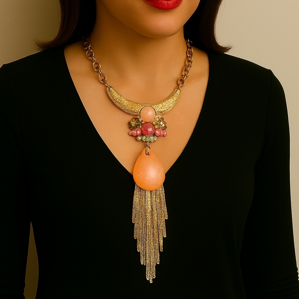 BALLET Gold-Tone Statement Necklace – Colorful Crystal Beaded Fringe Design